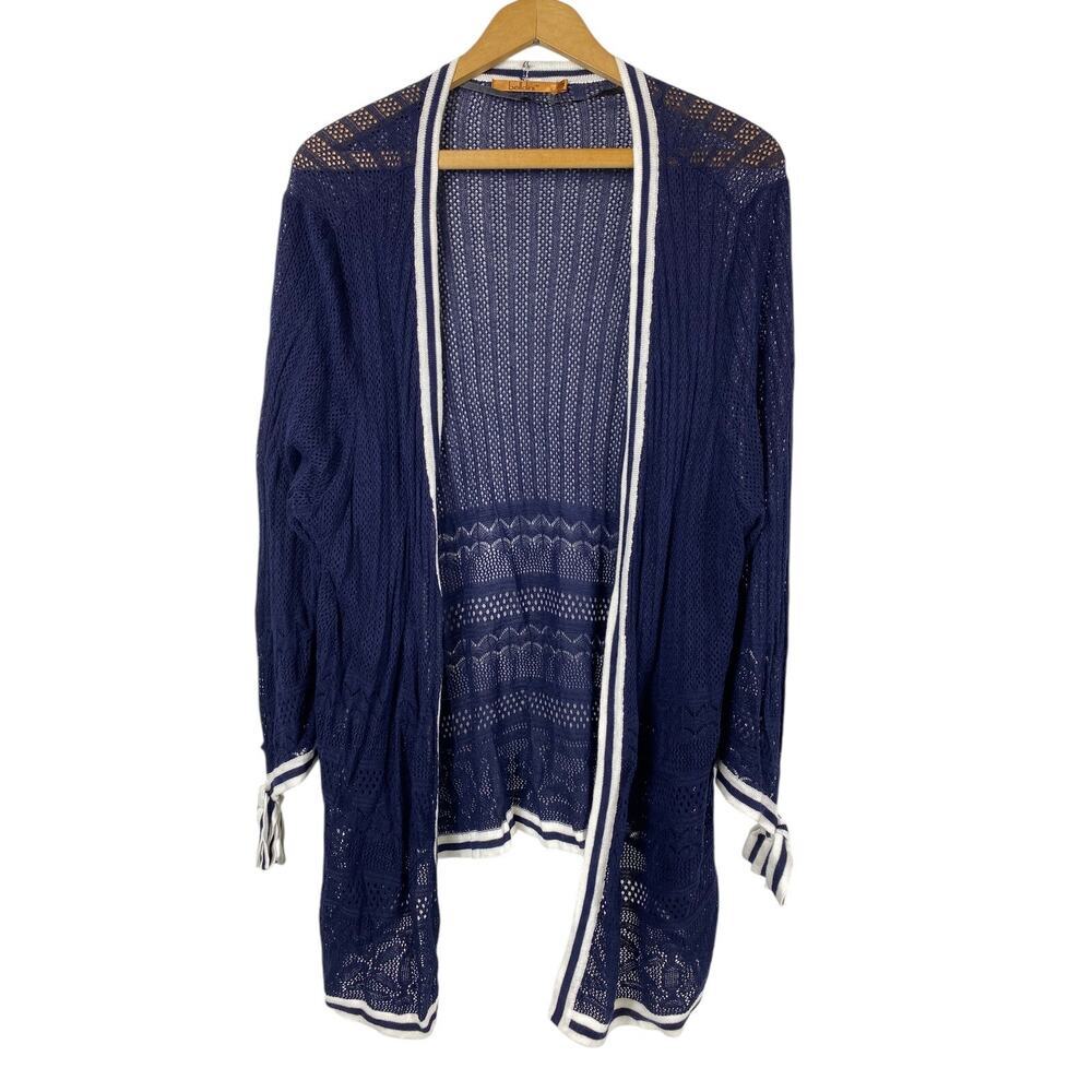 Belldini Crochet Wrap Open Cardigan Sweater Kimono Blue White Coastal Preppy 2X